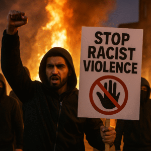 Imagen generada por IA con un fondo de llamas, un manifestante gritando stop racismo y violencia